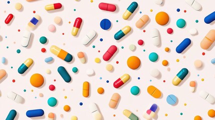 A variety of colorful pills and capsules are displayed neatly, representing medicine and healthcare.