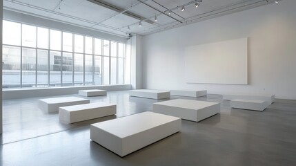 Fototapeta premium A vast gallery interior with an open layout, featuring large white boxes placed on a concrete floor, emphasizing minimalistic design and an expansive, uncluttered space.