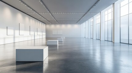 Fototapeta premium A vast gallery interior with an open layout, featuring large white boxes placed on a concrete floor, emphasizing minimalistic design and an expansive, uncluttered space.