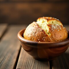 Wooden bowl with risen dough on a worn wooden table, wooden bowl, rising bread