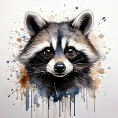 Obraz premium Watercolor illustration of raccoon with ink splash, wild animals, ideal for poster printing or t-shirt printing, or children's books