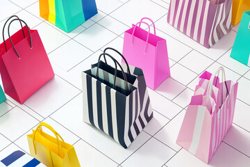 A collection of colorful striped shopping bags stacked in an isometric perspective.