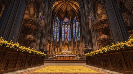 Fototapeta premium Majestic Cathedral Interior Featuring Stained Glass Windows and Floral Arrangements