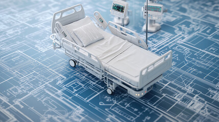 Hospital Bed Icon on Critical Care Unit Blueprint Highlighting Patient Comfort and Cutting-Edge Medical Design