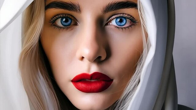 A captivating minimalist portrait of beautiful caucasian woman model with red lips, blue eyes and headscarf with Slow motion shot, eyes close and open continually .