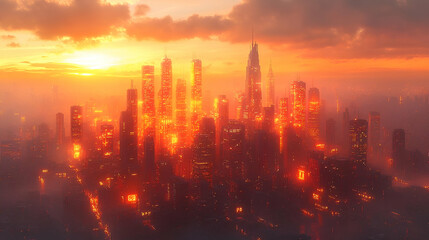 Obraz premium Futuristic Cityscape at Sunset: A Dramatic Digital Painting of a Vibrant, Orange-hued Metropolis