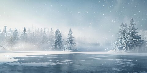 Fototapeta premium A serene winter landscape with snow-covered trees and a frozen lake under a soft, misty atmosphere.