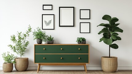 A well-lit living room interior features a stylish dresser adorned with art decorations, complemented by mockup frames on the walls.