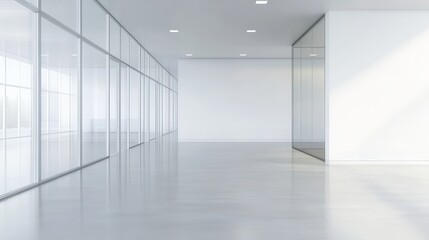 A white and glass open space office features a minimalist design with expansive, transparent surfaces and a blank wall, providing a clean and versatile backdrop.