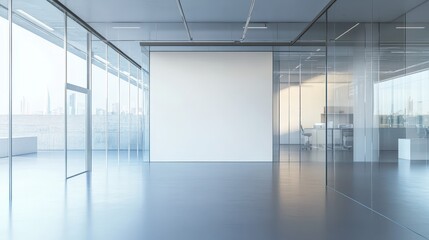 Fototapeta premium A white and glass open space office features a minimalist design with expansive, transparent surfaces and a blank wall, providing a clean and versatile backdrop.