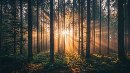 Obraz premium Golden Rays of Sunrise in a Mystical Forest