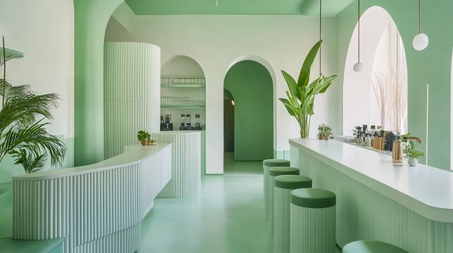 A white and green cafe interior featuring a sleek bar counter.