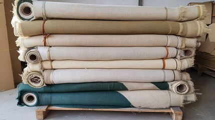 Stack of Fabric Rolls: Neutral Tones and Green Accents