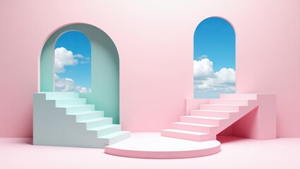 Pastel stairs ascend towards arched windows showing a bright sky