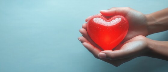 Fototapeta premium Hands Cradling a Bright Red Heart in Ethereal Light Compassion and Care for Health and Love