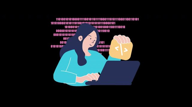A woman of Asian descent programming on a laptop while holding a coding symbol.