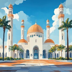 Stunning Architectural Marvel: A Majestic Mosque with Ornate Domes and Minarets Surrounded by Lush Palm Trees under a Vibrant Blue Sky