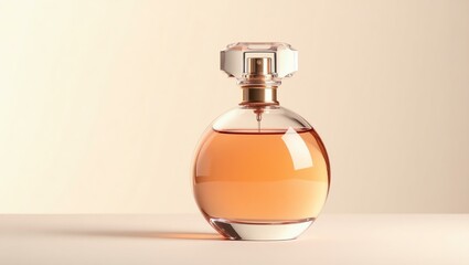 champagne perfume for women in a transparent luxury bottle, elegantly designed with sleek, modern curves and a glossy finish