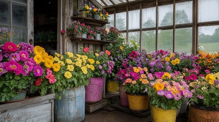 Vibrant Blooms in a Rustic Greenhouse: A Colorful Display of Petunias and Other Flowers