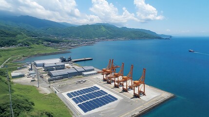 Fototapeta premium Coastal Industrial Park with Solar Panels and Cranes