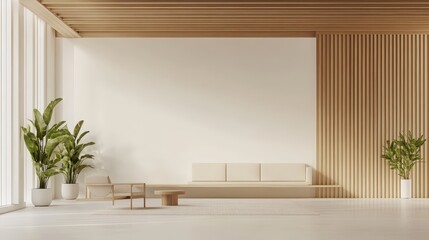 A white and wooden open space office interior features a mock-up wall, showcasing a clean and modern workspace.