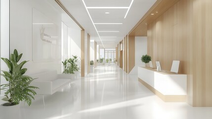 A white and wooden office hall featuring a mock-up wall.