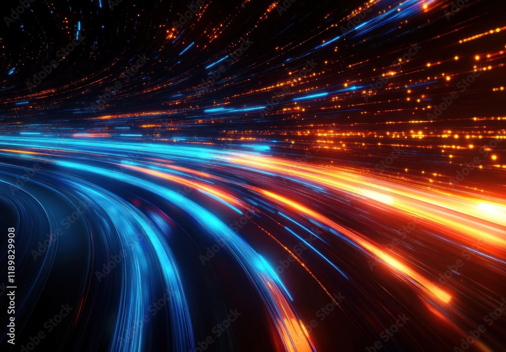 Poster futuristic digital landscape with vibrant light trails and abstract art style visualization