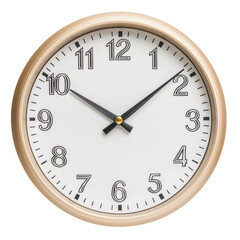 A classic round wall clock featuring bold black numbers and hands on a white face, encased in a wooden frame.
