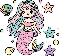 Cute cartoon girl mermaid with long hair, a smiling face
