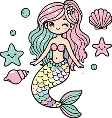 Cute cartoon girl mermaid with long hair, a smiling face