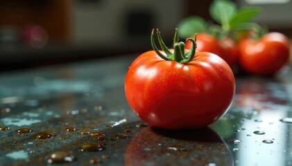 A single juicy red tomato lies on the wet glass table, messy, foodie