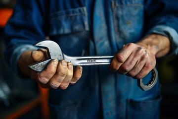 Spanner in the hands of a worker on a dark background