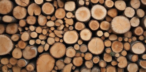 Natural pile of wood logs background arranged in a symmetrical stack. Highlighting organic patterns. Perfect for industrial and decorative use