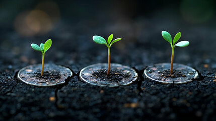 Four Seedlings Growing from Coins in Dry Cracked Soil:  Investment Growth Concept