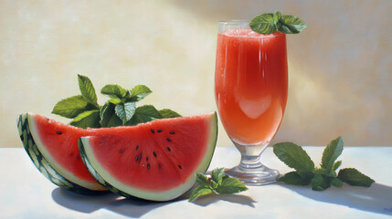 A refreshing still life featuring two juicy watermelon slices, a glass of watermelon juice, and vibrant mint leaves.  Sunlight illuminates the scene, highlighting the vibrant colors and textures.