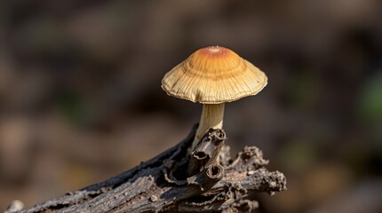 Fototapeta premium Mushroom growing on sunlit decayed wood in a natural forest setting