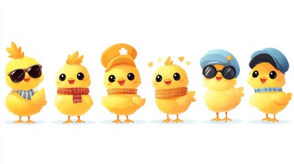 Obraz premium Cute little yellow chickens in a hat and sunglasses