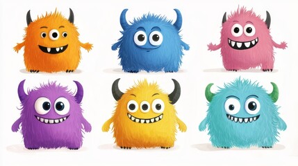 Fototapeta premium Funny cartoon monsters with different emotions and facial expressions. illustration