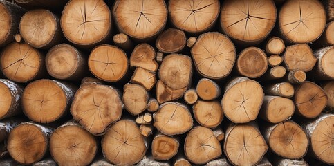 Natural pile of wood logs background arranged in a symmetrical stack. Highlighting organic patterns. Perfect for industrial and decorative use