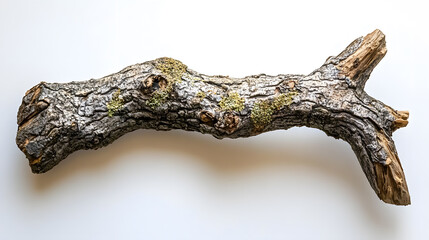 Fototapeta premium A weathered, gnarled tree branch with lichen, isolated on a white background. The wood shows texture and age. Perfect for rustic or nature-themed designs.
