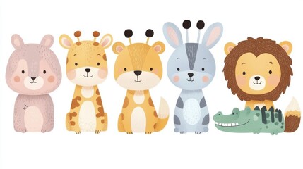 Naklejka premium Collection of cute wild animals. illustration in flat cartoon style