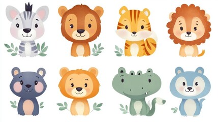 Collection of cute wild animals. illustration in flat cartoon style