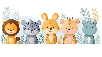 Collection of cute wild animals. illustration in flat cartoon style