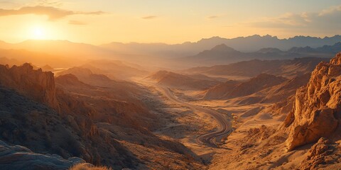 Fototapeta premium Desert sunset, mountain road, scenic vista. Travel poster