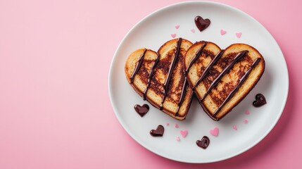 Two heart-shaped pieces of French toast with chocolate drizzle on a white plate, against a pink background for a Valentine's Day celebration, in a flat lay style banner.