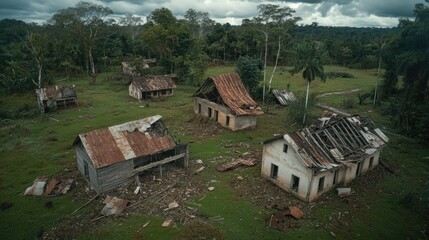 Abandoned Rural Village Surrounded by Lush Forest Under Overcast Skies for Documentary Use