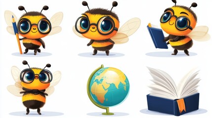 Obraz premium Set of cute cartoon bee characters with different emotions. illustration