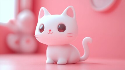 Fototapeta premium Cute white cat doll on pink background