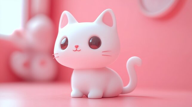 Cute white cat doll on pink background