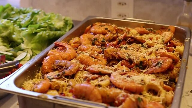 Pouring grated cheese over large portion of seafood